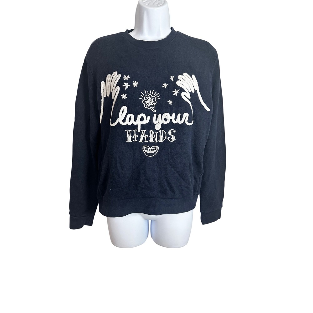 Sandro Paris Womens Navy Blue Clap Your Hands Graphic Sweatshirt Size Small